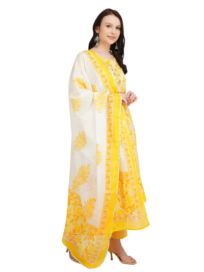 Desi Chhokri Pure Cotton Straight Yellow Printed Kurta Set for Women | 3-Piece Ethnic Cotton Suit