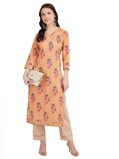 Desi Chhokri Pure Cotton Straight Multicolour Printed Kurta Set for Women | Peach 2-Piece Cotton Ethnic Wear