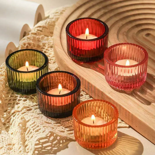 Multicolor Ribbed Glass Candle Holders Set – Decorative Tea Light Candle Holders for Home Décor(Pack of 6)