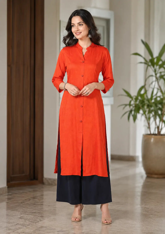 DESICHHOKRI Red Pure Rayon Straight Kurta for Women | Solid Front Button Ethnic Wear