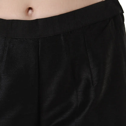 Desi Chhokri Black Solid Women's Silk Trouser | Straight Fit Ethnic Bottom Wear