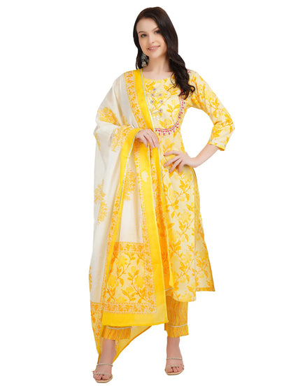 Desi Chhokri Pure Cotton Straight Yellow Printed Kurta Set for Women | 3-Piece Ethnic Cotton Suit