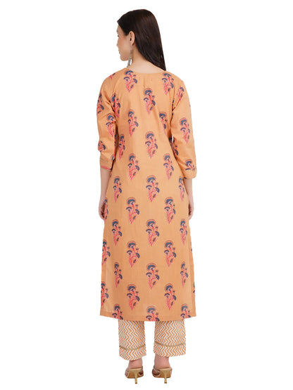 Desi Chhokri Pure Cotton Straight Multicolour Printed Kurta Set for Women | Peach 2-Piece Cotton Ethnic Wear