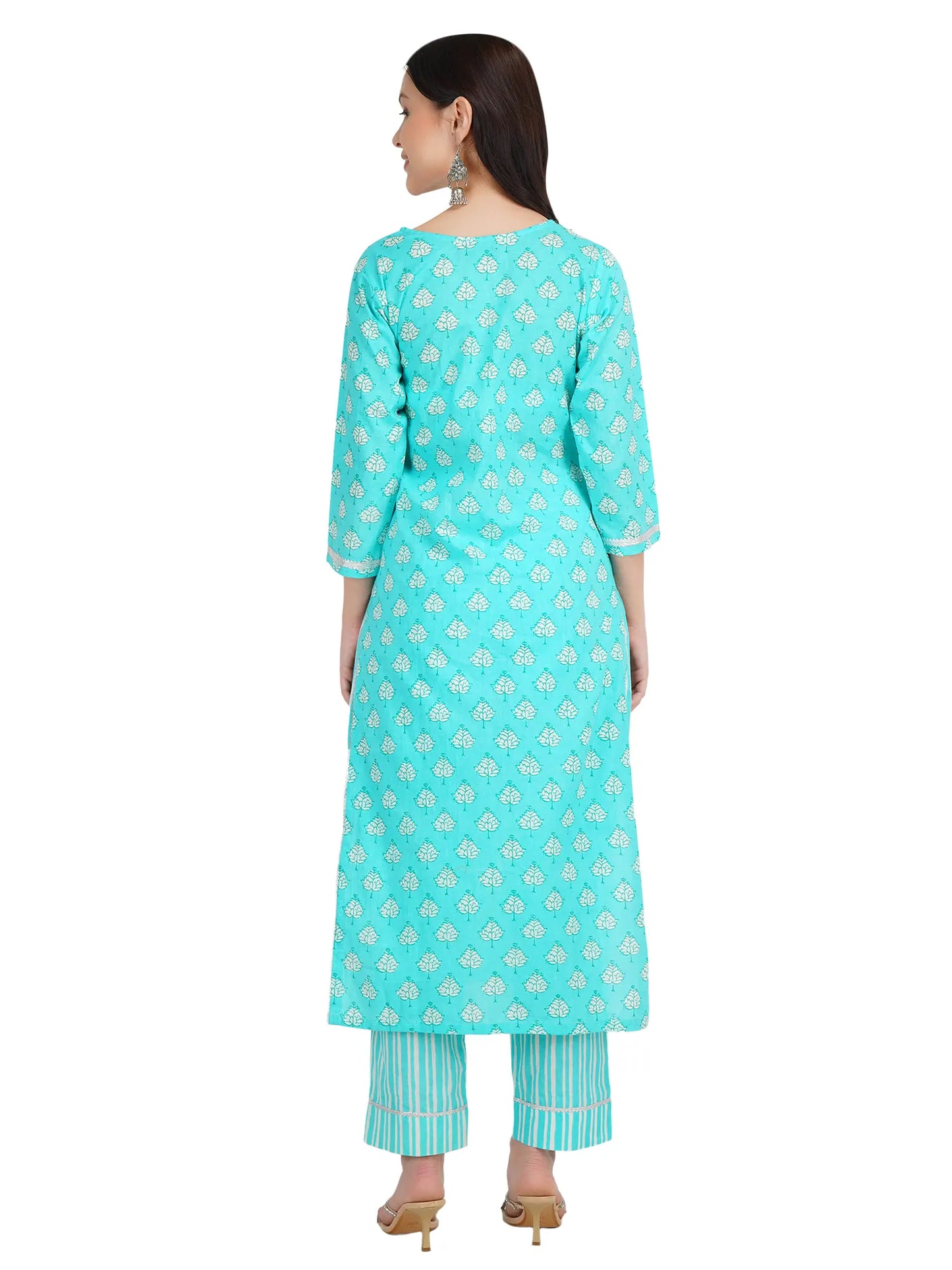 Desi Chhokri Pure Cotton Sea Green Printed Kurta Set for Women | Straight Fit 2-Piece Cotton Suit