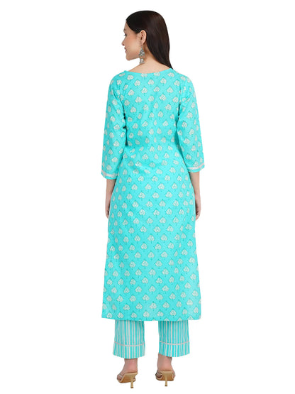 Desi Chhokri Pure Cotton Sea Green Printed Kurta Set for Women | Straight Fit 2-Piece Cotton Suit