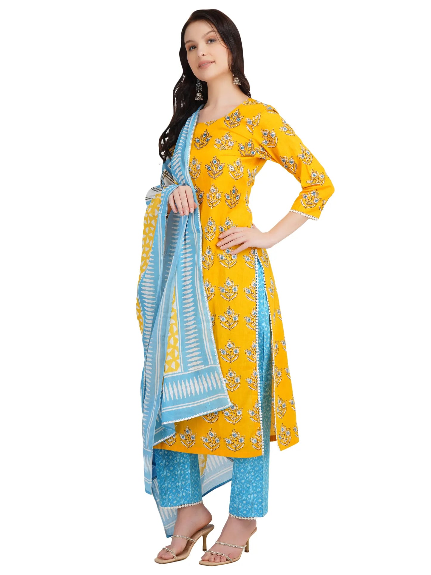 Desi Chhokri Pure Cotton Yellow & Sea Green Printed Kurta Set for Women | 3-Piece Ethnic Wear