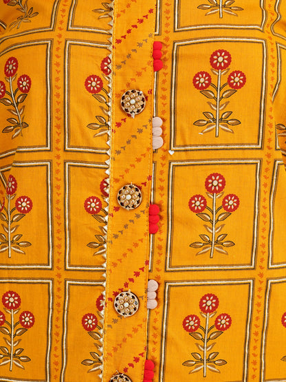 Desi Chhokri Women's Printed Mustard Unstitched Kurta Set with Dupatta (3 Pieces)