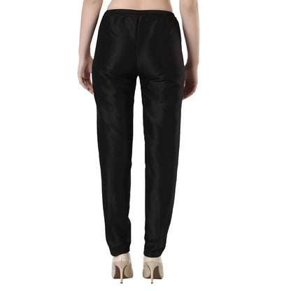 Desi Chhokri Black Solid Women's Silk Trouser | Straight Fit Ethnic Bottom Wear