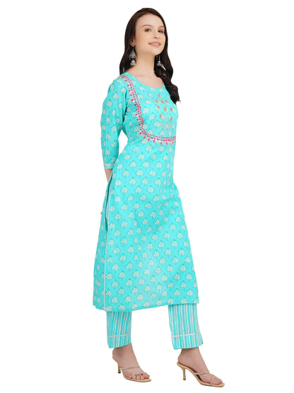 Desi Chhokri Pure Cotton Sea Green Printed Kurta Set for Women | Straight Fit 2-Piece Cotton Suit