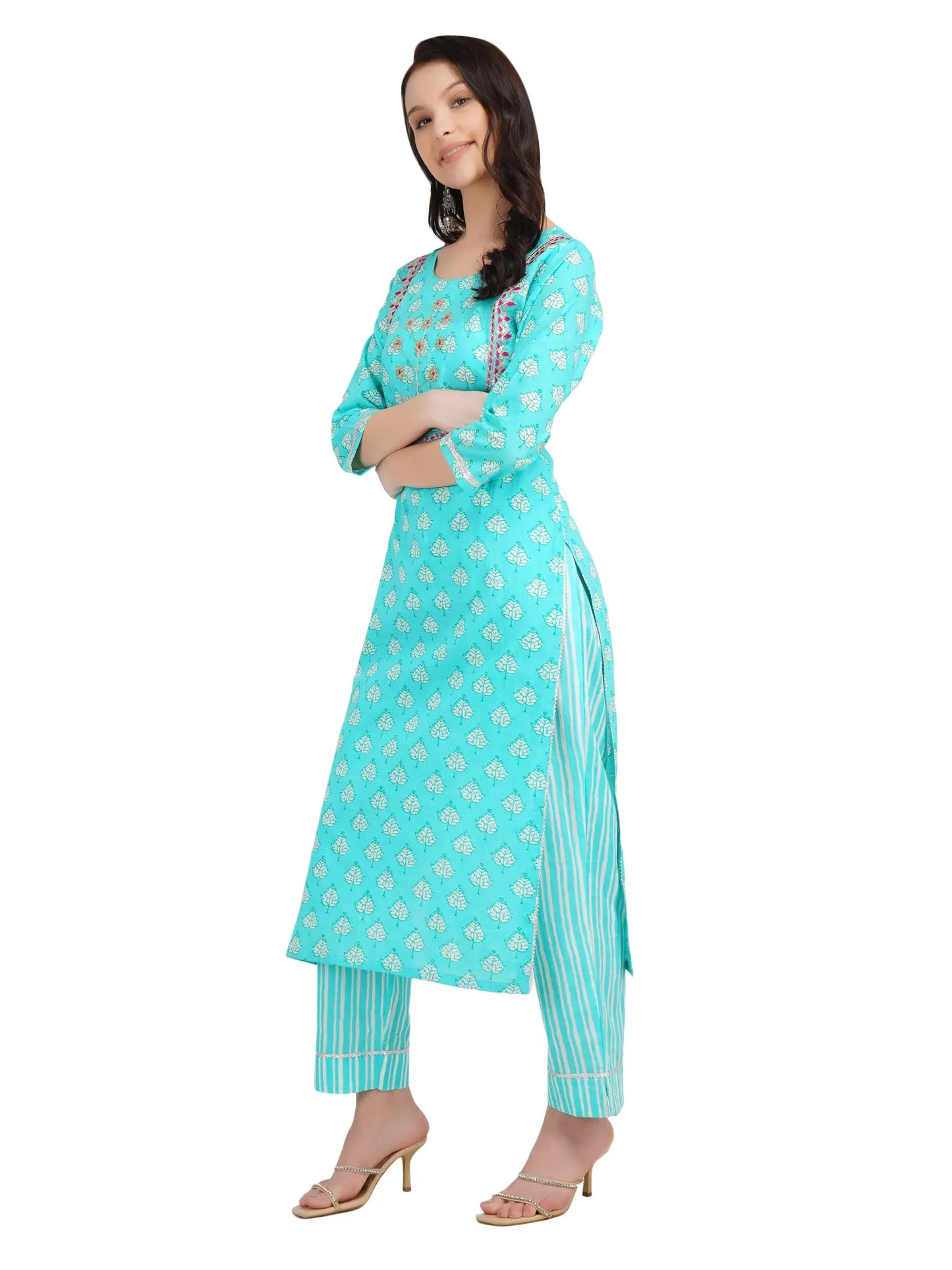Desi Chhokri Pure Cotton Sea Green Printed Kurta Set for Women | Straight Fit 2-Piece Cotton Suit