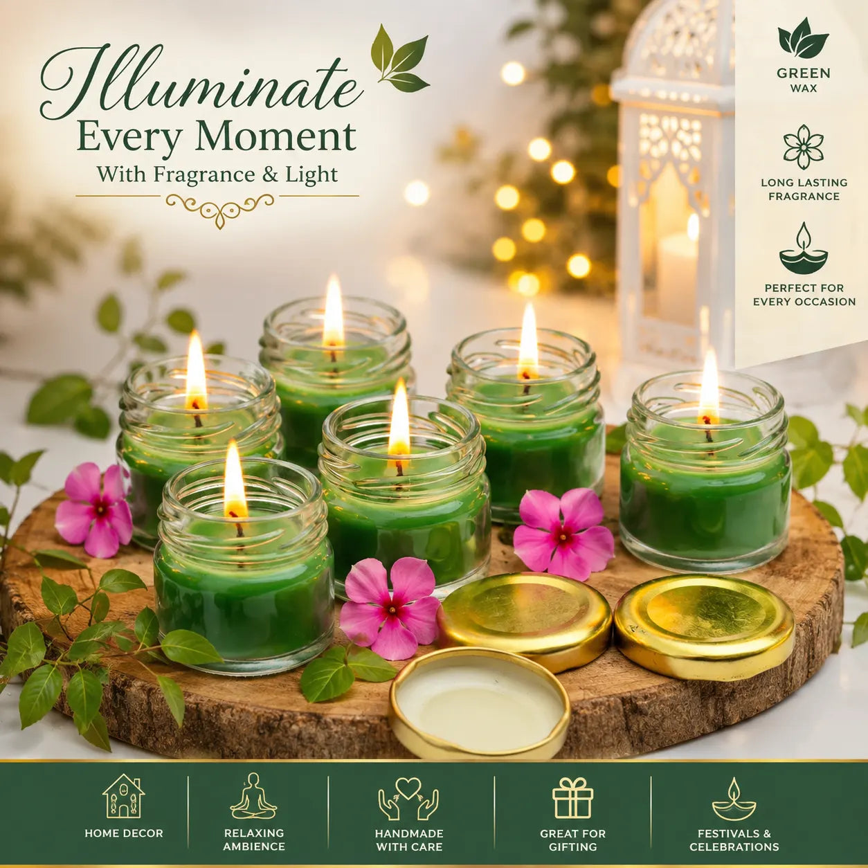 Green Scented Candle Set with Glass Jars & Golden Lids – Decorative Aromatherapy Candles(Pack of 6)