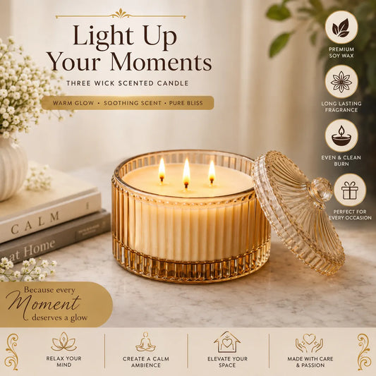 Luxury Scented Candle in Ribbed Glass Jar with Decorative Crystal Lid – Home Décor Candle(Pack of 2)