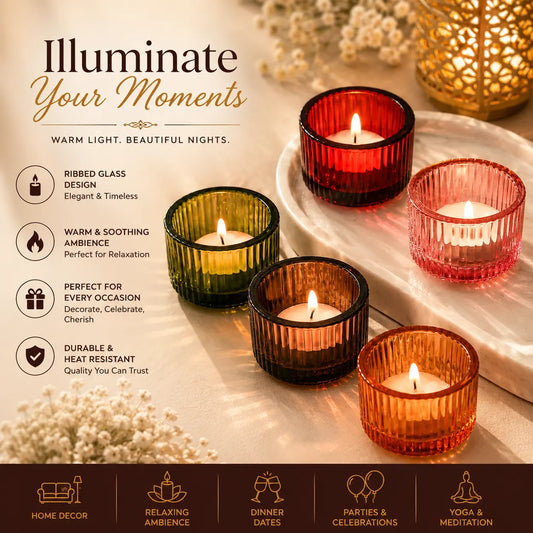Multicolor Ribbed Glass Candle Holders Set – Decorative Tea Light Candle Holders for Home Décor(Pack of 6)