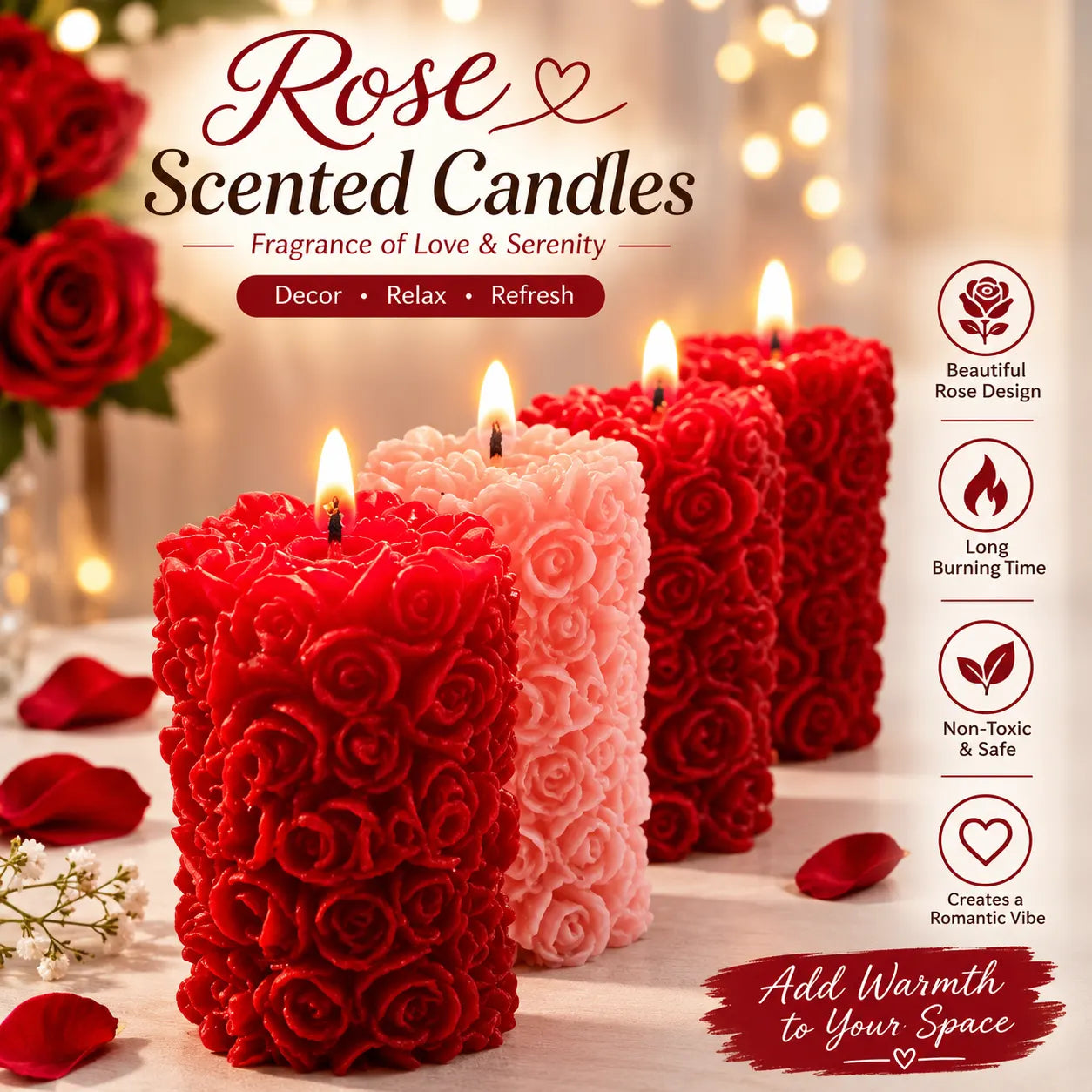 Rose Flower Pillar Candles Set – Decorative Scented Wax Candles for Home Décor & Gifting(Pack of 5)