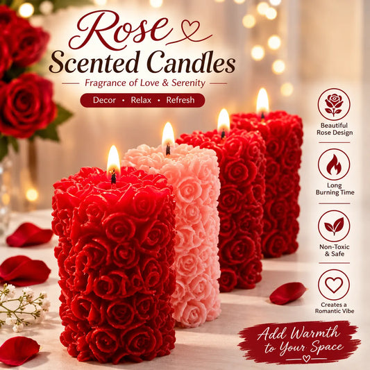 Rose Flower Pillar Candles Set – Decorative Scented Wax Candles for Home Décor & Gifting(Pack of 5)
