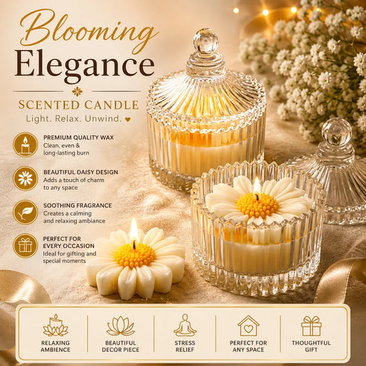 Elegant Daisy Flower Scented Candle in Premium Ribbed Glass Jar with Decorative Lid