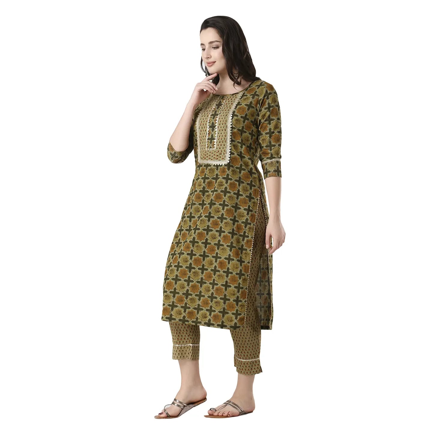 DESICHHOKRI Green Printed Kurta with Trouser for Women | 2-Piece Ethnic Wear Set
