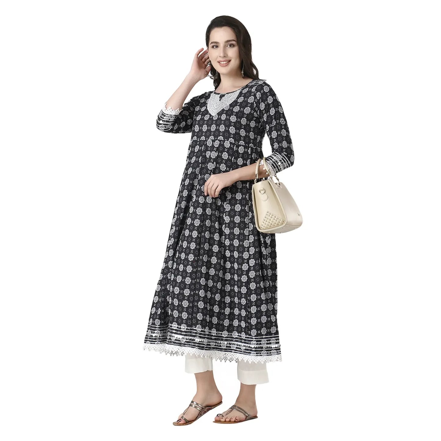 DESICHHOKRI Black Printed A-Line Kurta with White Trouser Set for Women | Elegant Ethnic Wear (2-Piece Set)