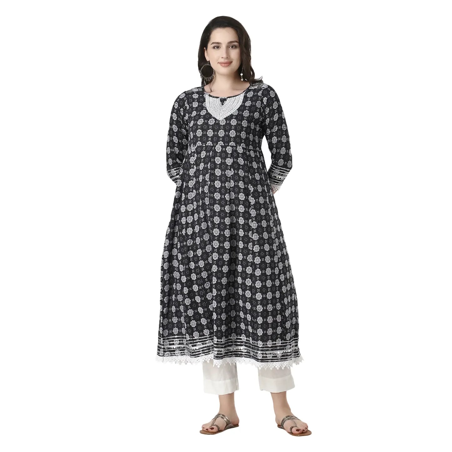 DESICHHOKRI Black Printed A-Line Kurta with White Trouser Set for Women | Elegant Ethnic Wear (2-Piece Set)