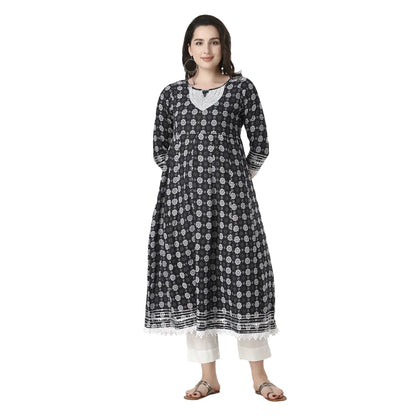 DESICHHOKRI Black Printed A-Line Kurta with White Trouser Set for Women | Elegant Ethnic Wear (2-Piece Set)