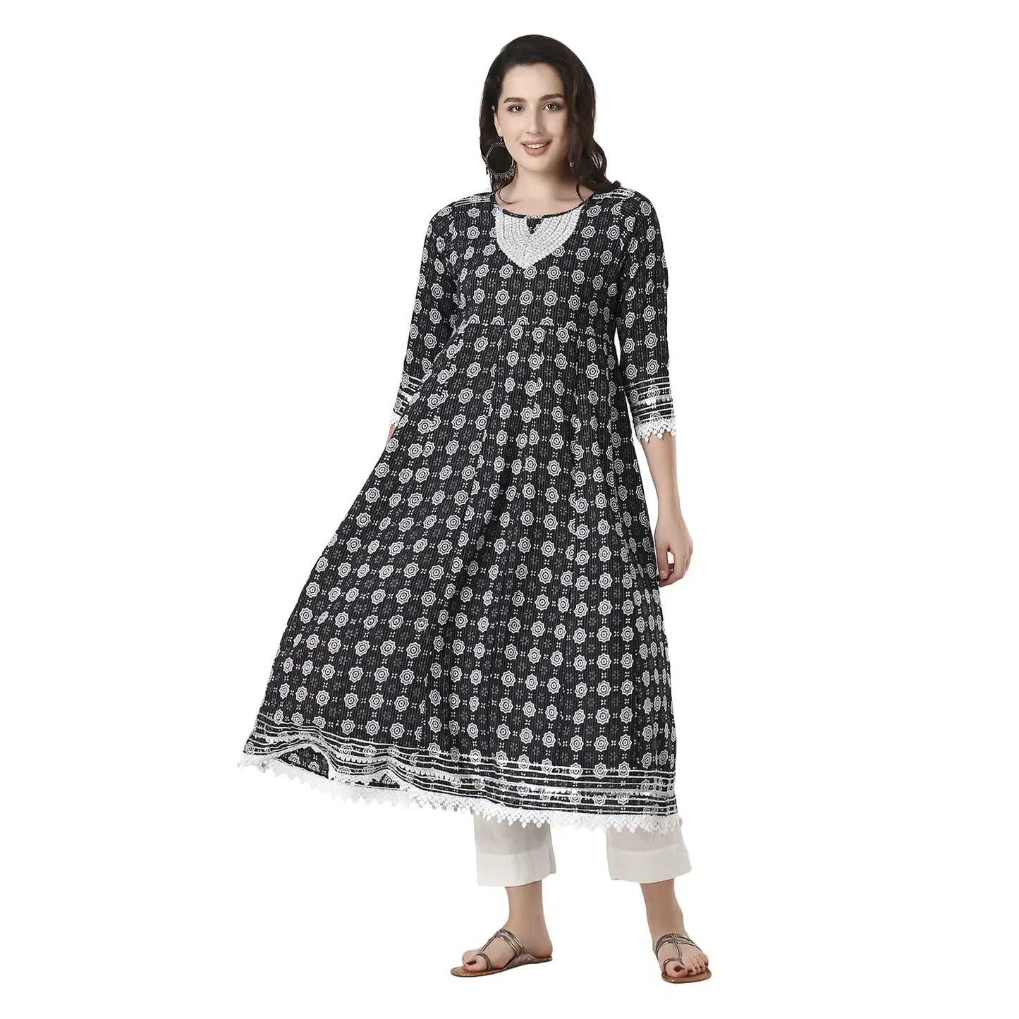 DESICHHOKRI Black Printed A-Line Kurta with White Trouser Set for Women | Elegant Ethnic Wear (2-Piece Set)