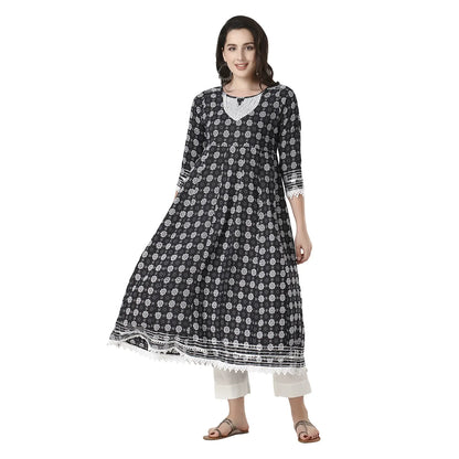 DESICHHOKRI Black Printed A-Line Kurta with White Trouser Set for Women | Elegant Ethnic Wear (2-Piece Set)
