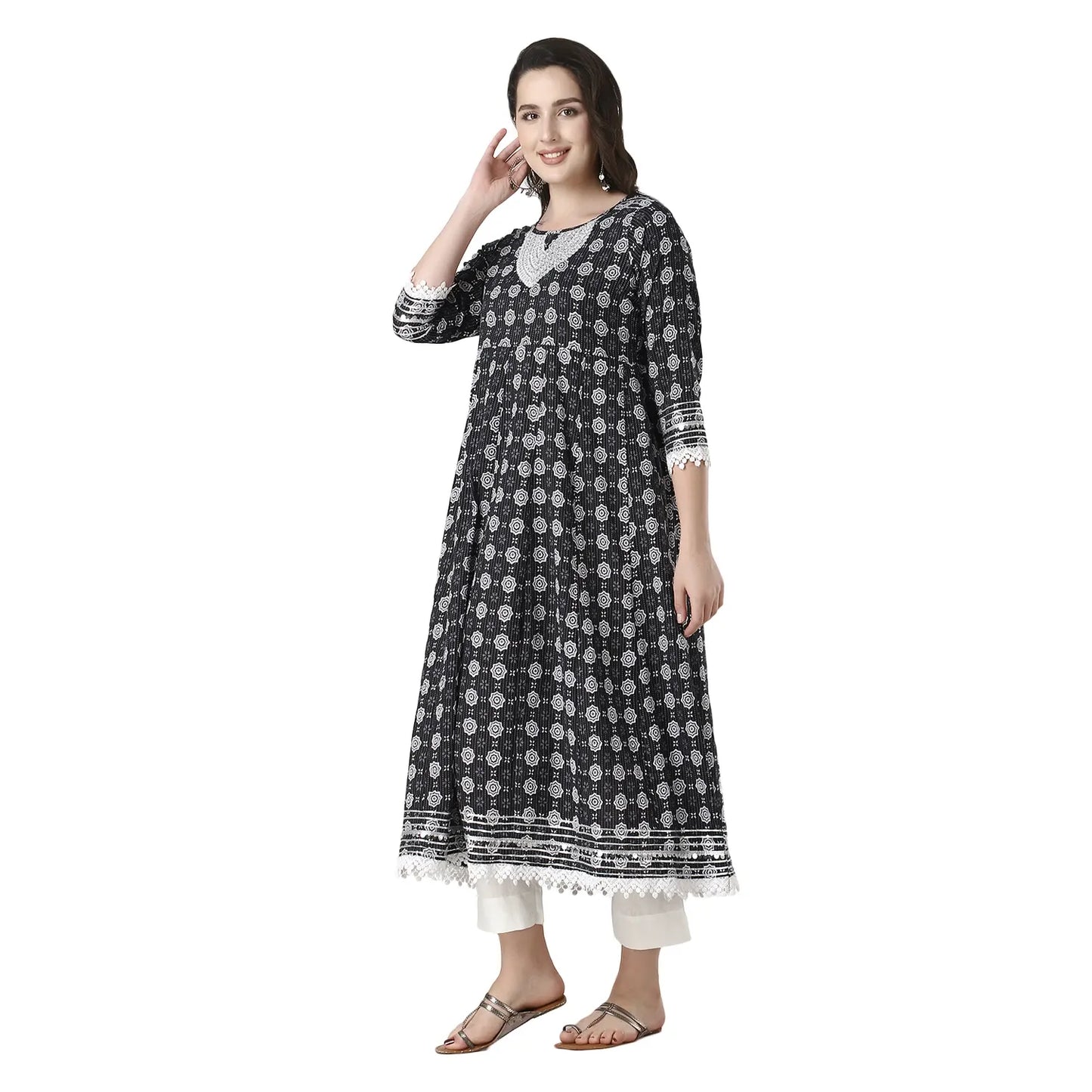 DESICHHOKRI Black Printed A-Line Kurta with White Trouser Set for Women | Elegant Ethnic Wear (2-Piece Set)