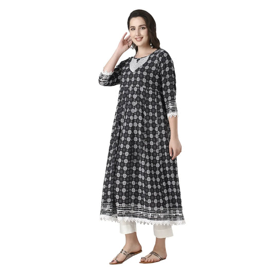 DESICHHOKRI Black Printed A-Line Kurta with White Trouser Set for Women | Elegant Ethnic Wear (2-Piece Set)