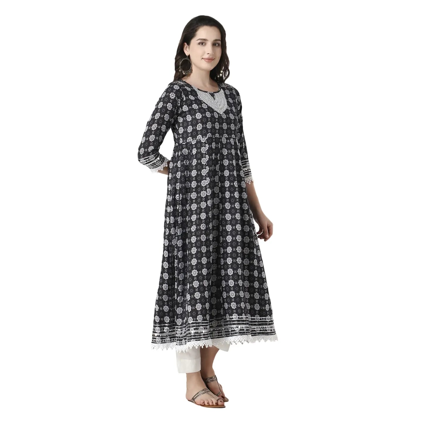 DESICHHOKRI Black Printed A-Line Kurta with White Trouser Set for Women | Elegant Ethnic Wear (2-Piece Set)
