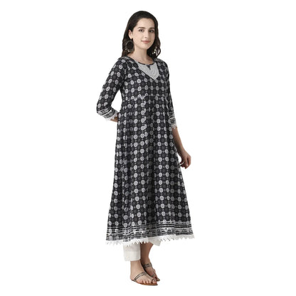 DESICHHOKRI Black Printed A-Line Kurta with White Trouser Set for Women | Elegant Ethnic Wear (2-Piece Set)