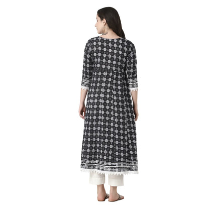 DESICHHOKRI Black Printed A-Line Kurta with White Trouser Set for Women | Elegant Ethnic Wear (2-Piece Set)