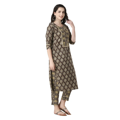 DESICHHOKRI Brown Printed Pure Rayon Kurta Set for Women with Trouser & Dupatta | 3-Piece Ethnic Wear