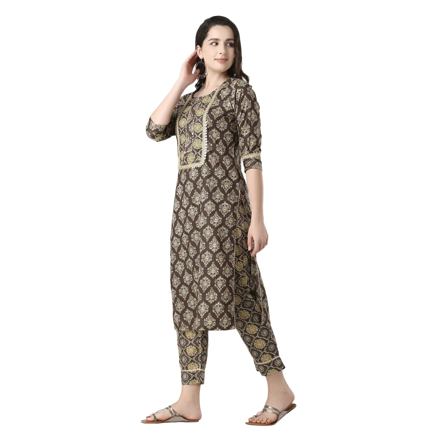 DESICHHOKRI Brown Printed Pure Rayon Kurta Set for Women with Trouser & Dupatta | 3-Piece Ethnic Wear