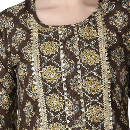DESICHHOKRI Brown Printed Pure Rayon Kurta Set for Women with Trouser & Dupatta | 3-Piece Ethnic Wear