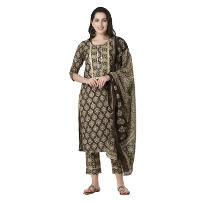DESICHHOKRI Brown Printed Pure Rayon Kurta Set for Women with Trouser & Dupatta | 3-Piece Ethnic Wear