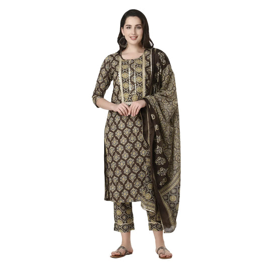 DESICHHOKRI Brown Printed Pure Rayon Kurta Set for Women with Trouser & Dupatta | 3-Piece Ethnic Wear