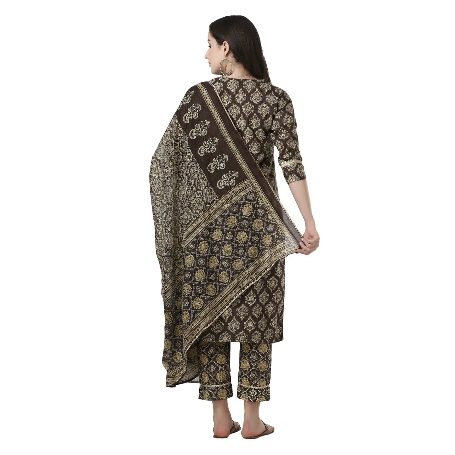 DESICHHOKRI Brown Printed Pure Rayon Kurta Set for Women with Trouser & Dupatta | 3-Piece Ethnic Wear