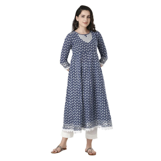 DESICHHOKRI Black Printed A-Line Kurta with White Trouser Set for Women | Elegant Ethnic Wear (2-Piece Set)