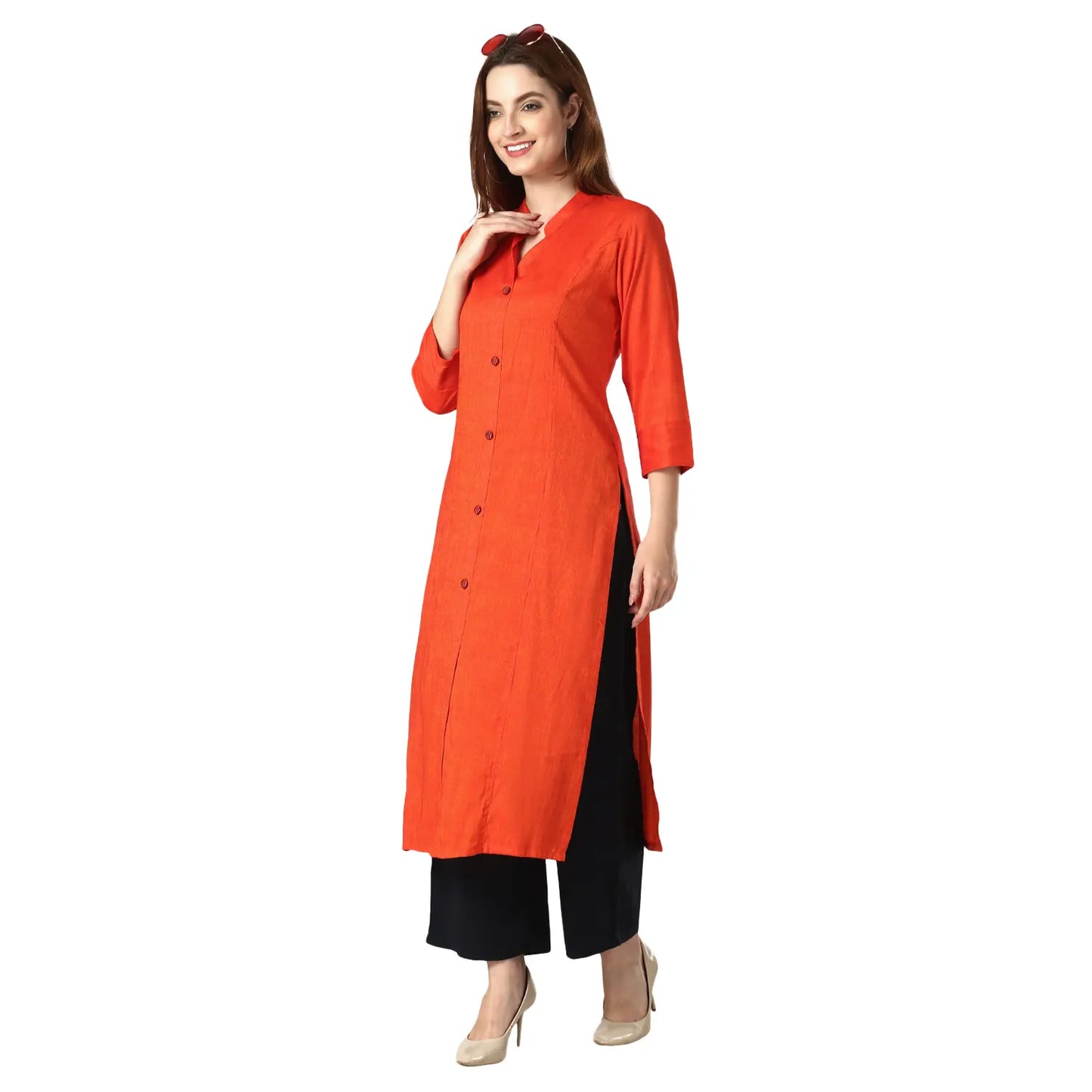 DESICHHOKRI Red Pure Rayon Straight Kurta for Women | Solid Front Button Ethnic Wear